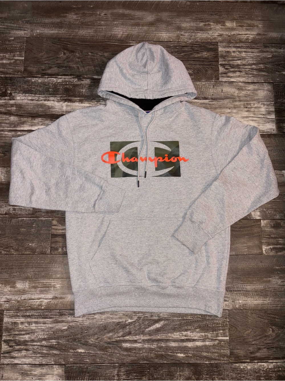 Champion Light Gray Hoodie with Orange Logo and Olive Graphic